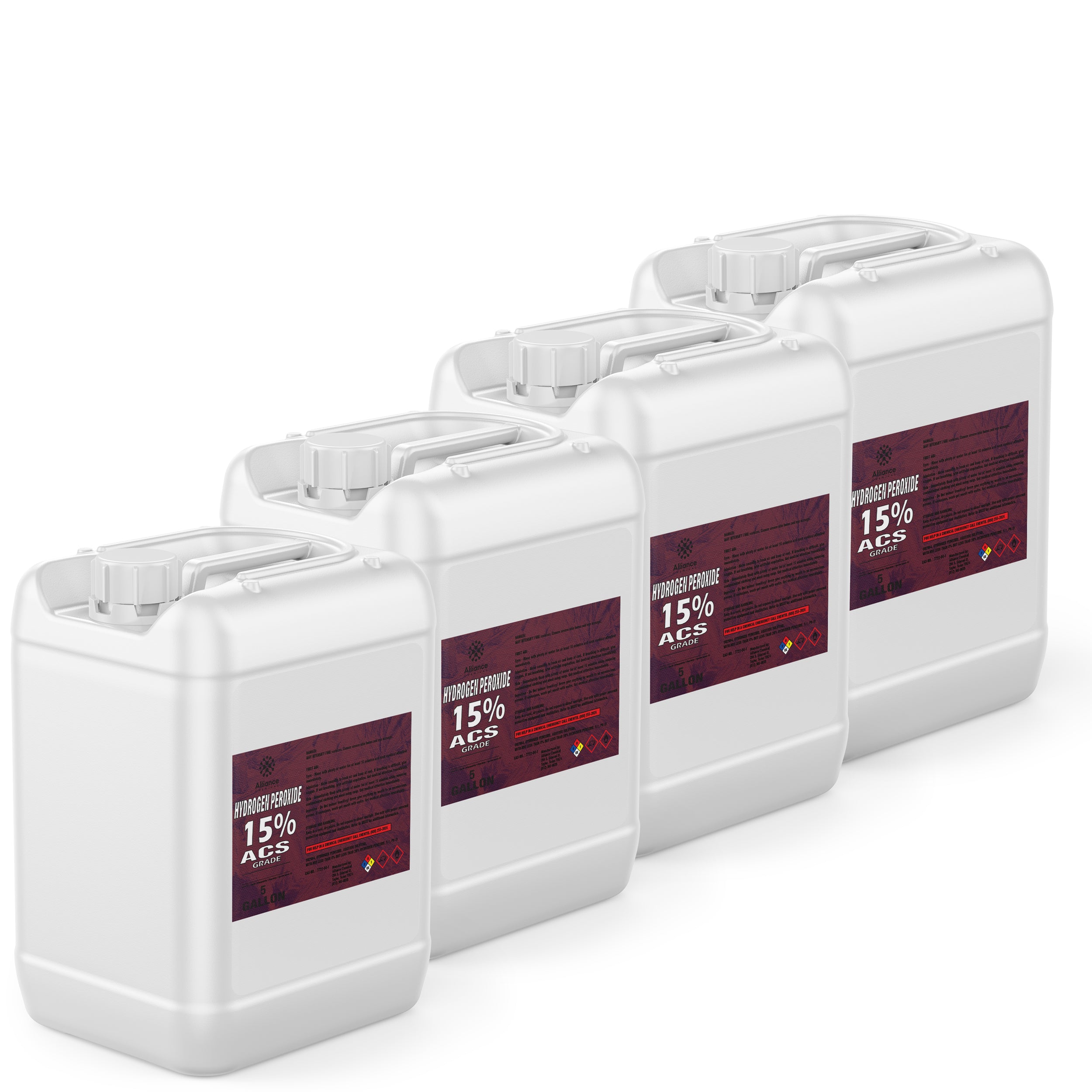 20-gallon set of 15% ACS-grade hydrogen peroxide in 4 white HDPE containers with burgundy warning labels and secure screw-top closure system.